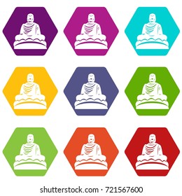 Buddha statue icon set many color hexahedron isolated on white vector illustration