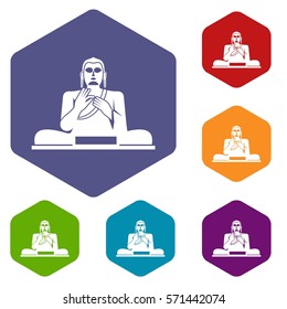 Buddha statue icons set rhombus in different colors isolated on white background