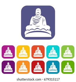 Buddha statue icons set vector illustration in flat style In colors red, blue, green and other