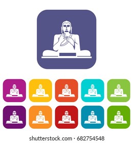Buddha statue icons set vector illustration in flat style in colors red, blue, green, and other