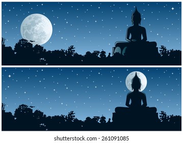 Buddha statue in the jungle at night. 2 different versions. No transparency used. Basic (linear) gradients used.