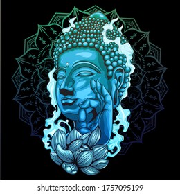 Buddha statue with lotus flower and mandala