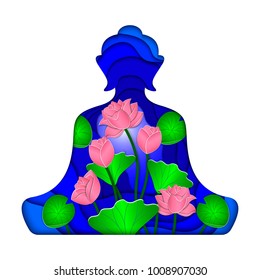 Buddha statue and lotus flowers against the blue sky. Paper cut out style. 3d vector illustration.