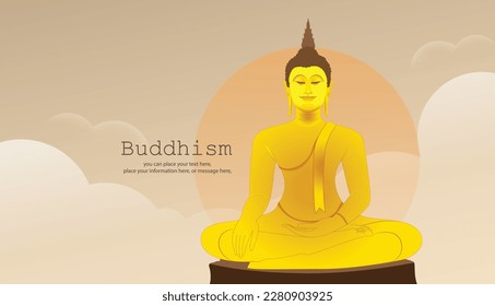 Buddha statue meditating behind a cloud and copy space vector background - Magha puja day, Vesak day banner, important buddhism days Thailand culture