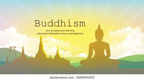 Buddha statue meditating behind a cloud and copy space vector background - Magha puja day, Vesak day banner, important buddhism days Thailand culture