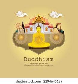 Buddha-Statue-Meditation und Kopienraum-Vektorhintergrund - Magha puja-Tag, Vesak-Tagesbanner, wichtige Buddhismus-Tage ththailändische Kultur