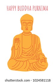 Buddha statue meditating for Happy Vesak Day or Buddha Purnima postcard,banner or poster concept design. Vector illustration in flat style isolated on white background.