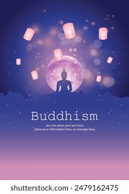Buddha statue meditating on purple Releasing lanterns in the golden yellow sky vector illustration background - Magha Puja, Asanha Puja, Vesak Puja Day, Thailand culture