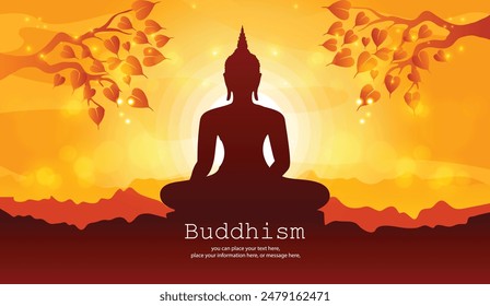 Buddha statue meditating under a Bodhi tree on a golden yellow vector illustration background - Magha Puja, Asanha Puja, Vesak Puja Day, Thailand culture