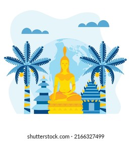 Buddha statue near the pagoda and tropical palms. Thailand landscape, travel concept Vector illustration