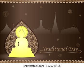 Buddha statue on Bodhi tree gold color of thai tradition on brown background ,greeting card,illustration vector eps10.