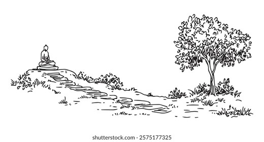 buddha statue on hill with tree and stone path in monochrome hand-drawn style