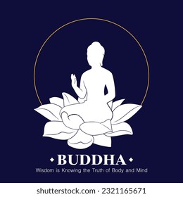 Buddha Statue on Lotus with Blessing Hands, silhouette vector, blue and white