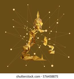 Buddha statue polyhedron with colorful lines and molecules, Concept of religion and faith, illustration and design.