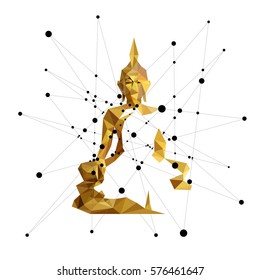 Buddha statue polyhedron with colorful lines and molecules, Concept of religion and faith, illustration and design.