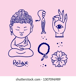 Buddha statue. Relax time and travel vector element set. Included the icons as flower, fish, hand, bracelet.