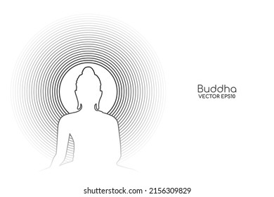 Buddha statue silhouette line with black lines aura radius head isolated on white background.