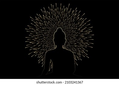 Buddha statue silhouette line with gold light lines aura radius head isolated on black background.