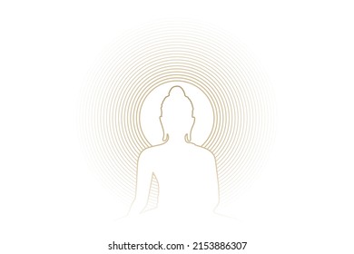 Buddha Statue Silhouette Line With Gold Light Lines Aura Radius Head Isolated On White Background.