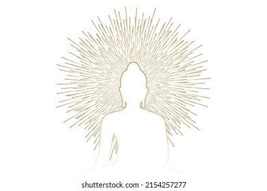 Buddha Statue Silhouette Line With Gold Light Lines Aura Radius Head Isolated On White Background.