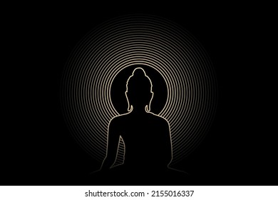 Buddha statue silhouette line with gold light lines aura radius head isolated on black background.