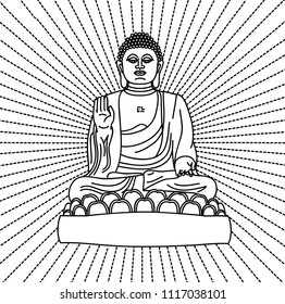 Buddha statue sitting in lotus pose, linear graphic with rays of light spread from behind