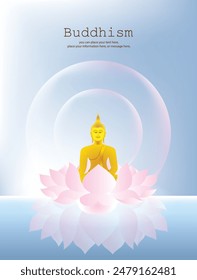 Estatua de Buda sentada en un fondo de Ilustración vectorial de flores de loto rosa - Magha Puja, Asanha Puja, Día de Vesak Puja, cultura de Tailandia