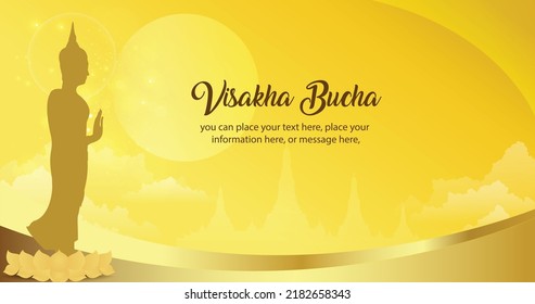 Buddha statue standing on a yellow gold vector illustration background - Magha Puja, Asanha Puja, Vesak Puja Day, Thailand culture