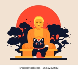 Buddha statue at sunrise - modern colored vector illustration