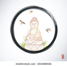 Buddha statue and swallows in black enso zen circle on white background