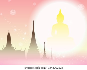 Buddha statue of thai tradition on full moon and on buddhist temple background with copy space,greeting card,illustration vector eps10.
