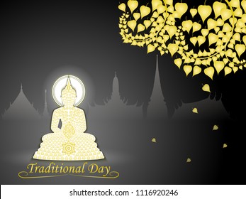 Buddha statue under bodhi tree of thai tradition on buddhist temple background ,greeting card,illustration vector eps10.