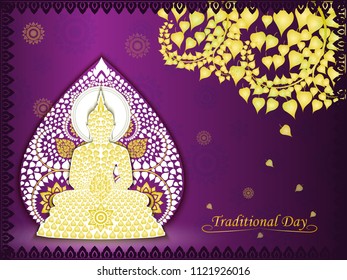 Buddha statue under bodhi tree of thai tradition on purple background ,greeting card,illustration vector eps10.