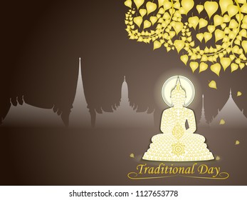 Buddha statue under bodhi tree of thai tradition on buddhist temple background ,greeting card,illustration vector eps10.