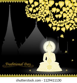Buddha statue under bodhi tree of thai tradition on buddhist temple background ,greeting card,illustration vector eps10.
