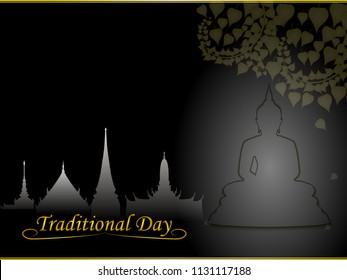 Buddha statue under bodhi tree of thai tradition on buddhist temple background ,greeting card,illustration vector eps10.