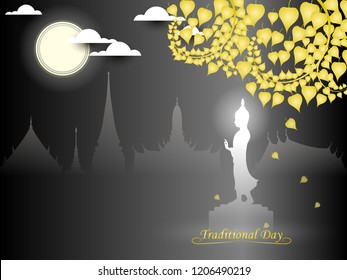 Buddha statue under bodhi tree of thai tradition on buddhist temple background ,greeting card,illustration vector eps10.