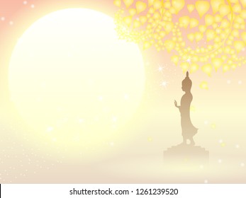 Buddha statue under bodhi tree of thai tradition on buddhist templethe full moon background with copy space,greeting card,illustration vector eps10.