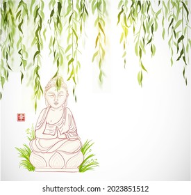 Buddha statue under the green willow tree on white background. Hieroglyph - happiness. Traditional oriental ink painting sumi-e, u-sin, go-hua. 