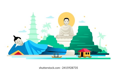 Buddha statues in Vietnam - modern colored vector illustration with Som Rong Pagoda reclining deity and in the traditional lotus position. Landmarks, nature and asian historical heritage idea