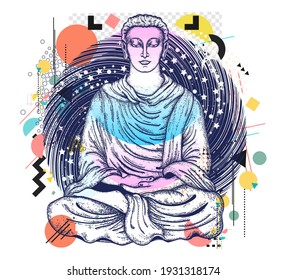 Buddha. Symbol of harmony, spirituality, yoga, meditation, soul. Zine culture concept. Hand drawn vector glitch tattoo, contemporary  cyberpunk collage. Vaporwave art. Surreal pop culture style 