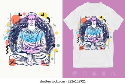 Buddha. Symbol of harmony, spirituality, yoga, meditation, soul. Zine culture concept. Hand drawn vector glitch tattoo. T-shirt design. Creative print for clothes. Template for posters, textiles