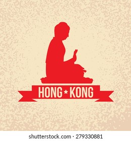 Buddha - the symbol of Hong Kong, China. Vintage stamp with red ribbon.