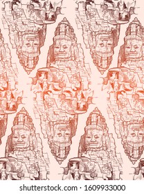 Buddha Temple in Angkor Wat, Cambodia. Engraving style sketch. Vintage design. Seamless pattern. EPS10 vector