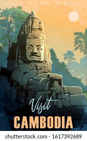 Buddha Temple In Angkor Wat, Cambodia. Vintage Travel Poster. 50-s Style. EPS10 Vector Illustration