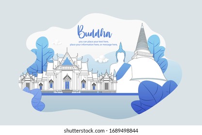 Buddha temple with cyan blue paper cut waves modern concept d - Wat Benchamabophit paper art 3d abstract vector background