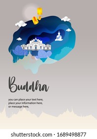 Buddha temple with cyan blue paper cut waves modern concept d - Wat Benchamabophit paper art 3d abstract vector background