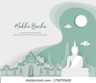 Buddha temple religion of frame background - Magha puja day banner Buddha with the full moon day vector design