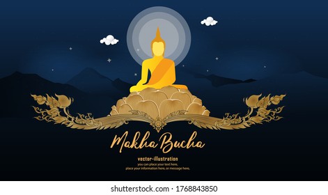 Buddha temple religion of frame background - Magha puja day banner buddha culture with Thai pattern vector design