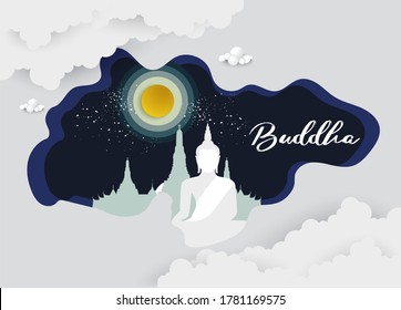 Buddha temple religion of frame background - Magha puja day banner buddha with the full moon day vector design